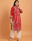 Red Straight Embroidered Kurta with 3/4th Sleeves - Lakshita