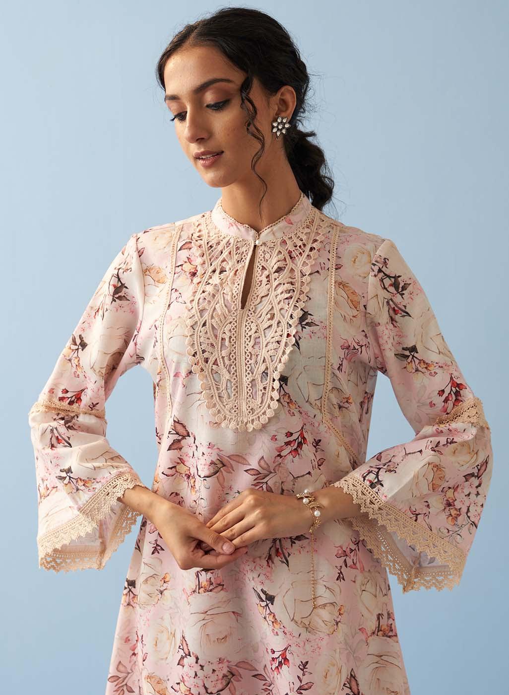 Pink Floral Printed Loose Fit Kurta with Lace Inserts - Lakshita