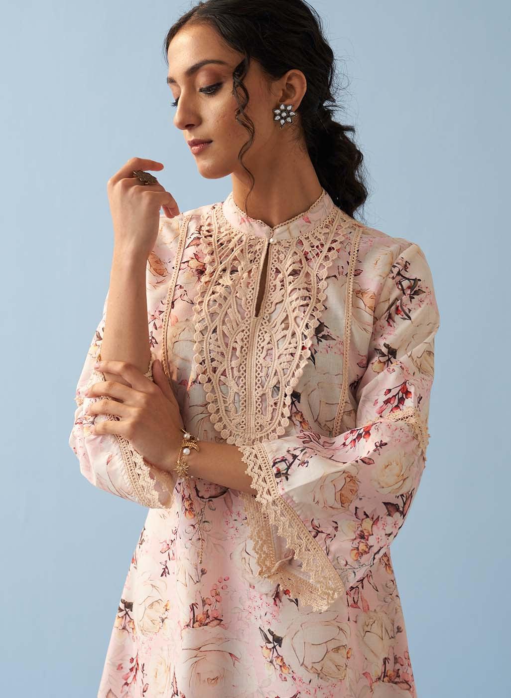 Pink Floral Printed Loose Fit Kurta with Lace Inserts - Lakshita