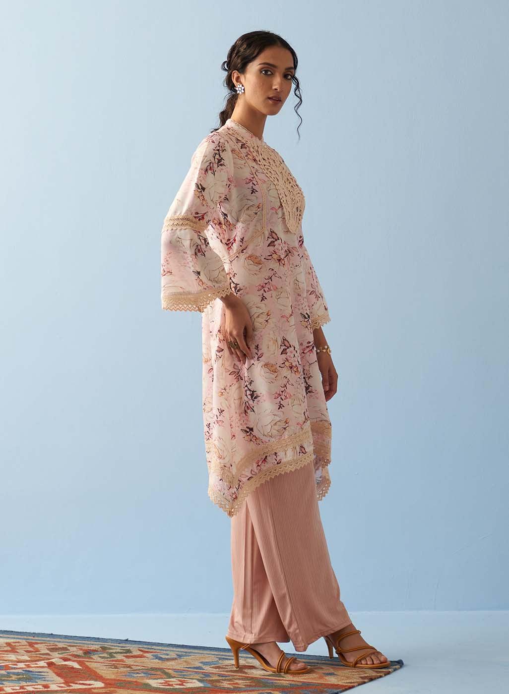 Pink Floral Printed Loose Fit Kurta with Lace Inserts - Lakshita