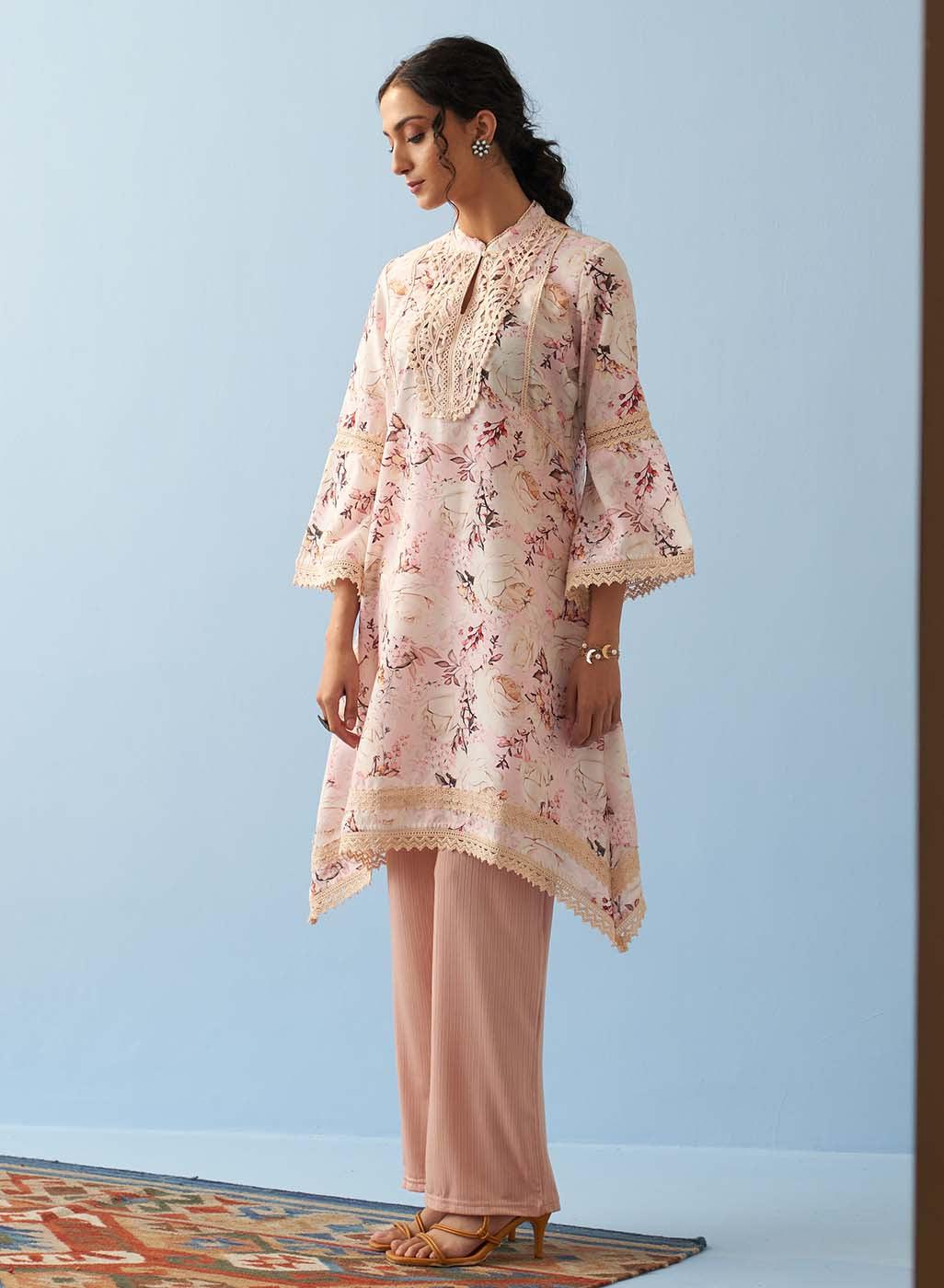 Pink Floral Printed Loose Fit Kurta with Lace Inserts - Lakshita