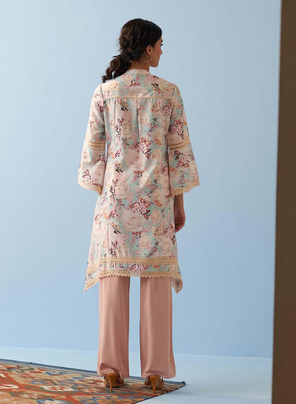 Spa Blue Floral Printed Loose Fit Kurta with Lace Inserts - Lakshita