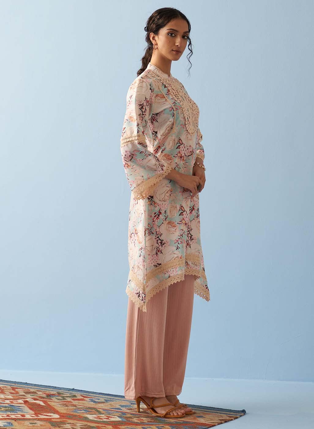 Spa Blue Floral Printed Loose Fit Kurta with Lace Inserts - Lakshita