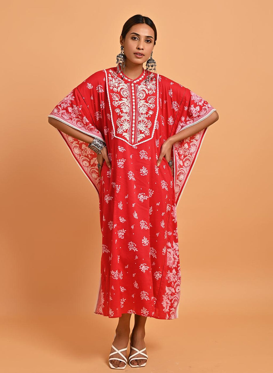 Buy Red Cotton Printed Kaftan Kurta with Embroidery Online at Lakshita