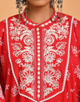 Red Cotton Printed Kaftan Kurta with Embroidery - Lakshita