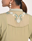 Sage Green Collared Tunic with Embroidery at Yoke - Lakshita
