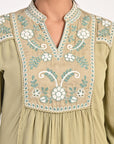 Sage Green Collared Tunic with Embroidery at Yoke - Lakshita