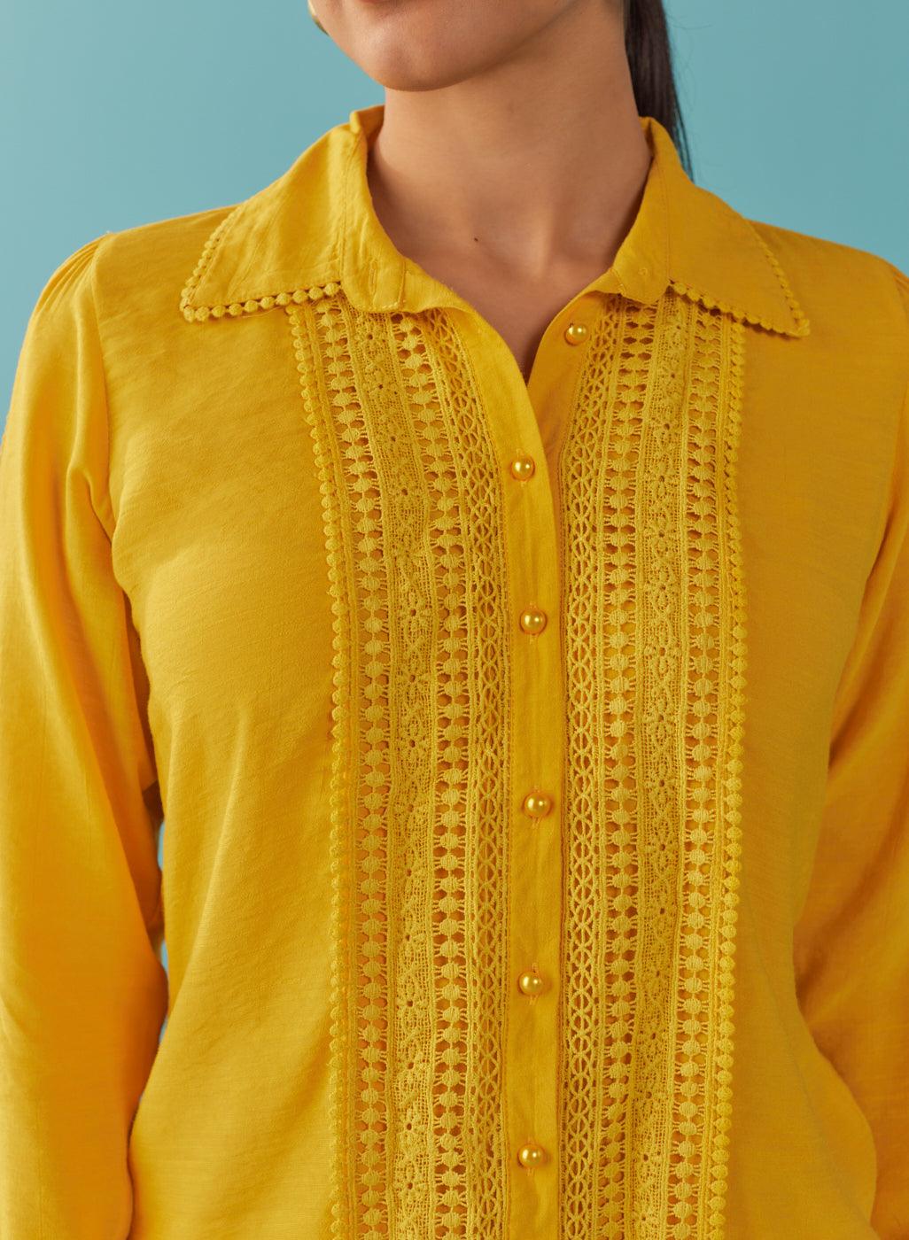 Mustard Cut Work Classic Shirt with Beads Button - Lakshita