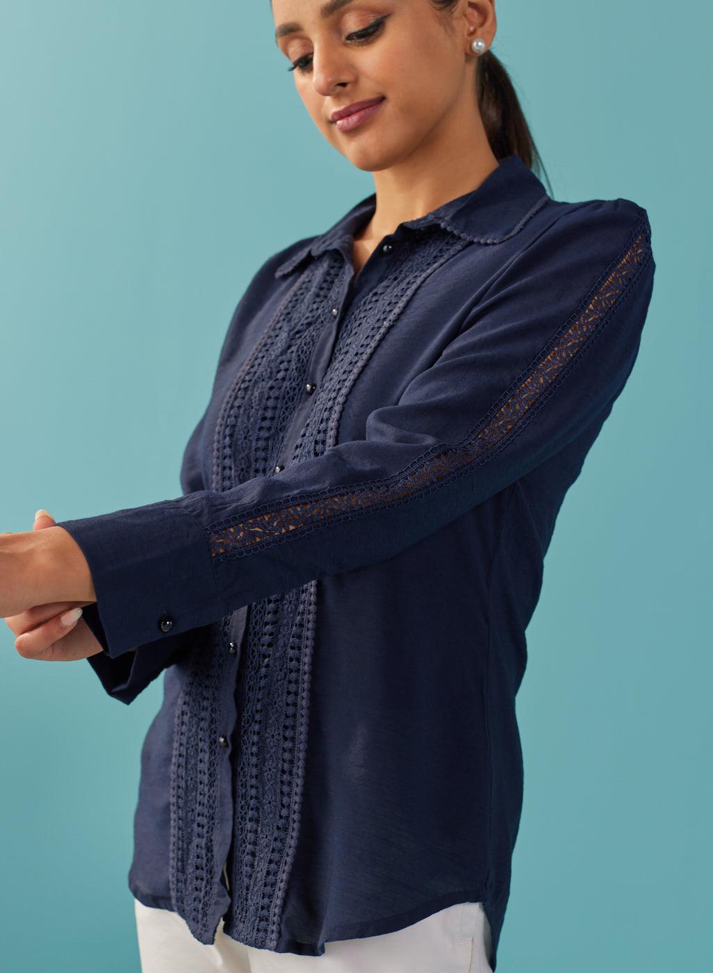 Navy Blue Cut Work Classic Shirt with Beads Button-23SLK04145-4A – Lakshita