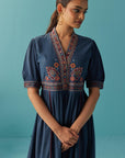 Blue A Line Dress with Puffed Sleeve and Stylized Neck - Lakshita
