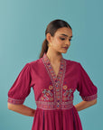 Fucshia A Line Dress with Puffed Sleeve and Stylized Neck - Lakshita
