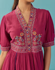 Fucshia A Line Dress with Puffed Sleeve and Stylized Neck - Lakshita