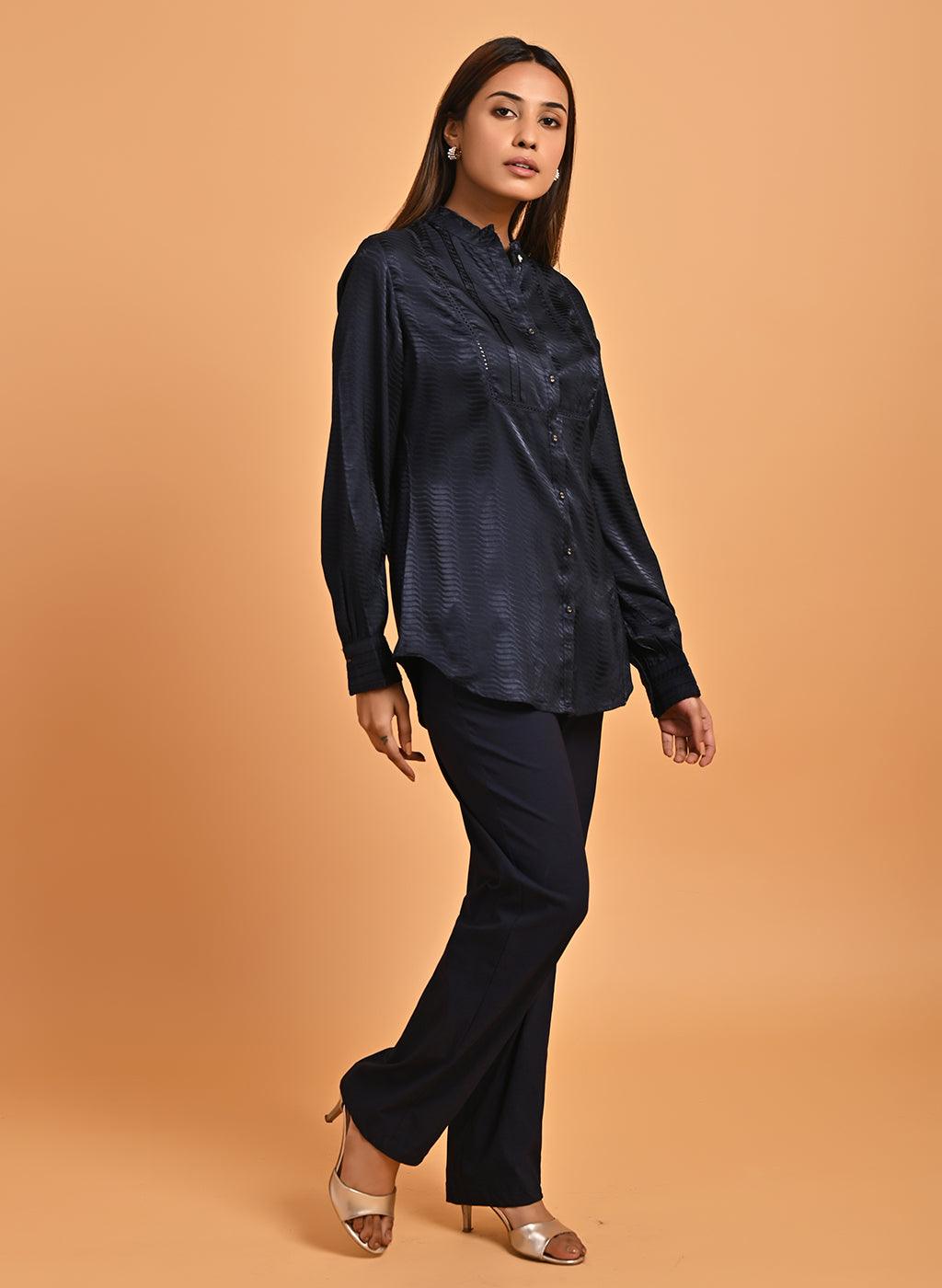 Navy Blue Satin Shirt with Balloon Sleeves and Open Front - Lakshita