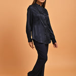 Navy Blue Satin Shirt with Balloon Sleeves and Open Front - Lakshita