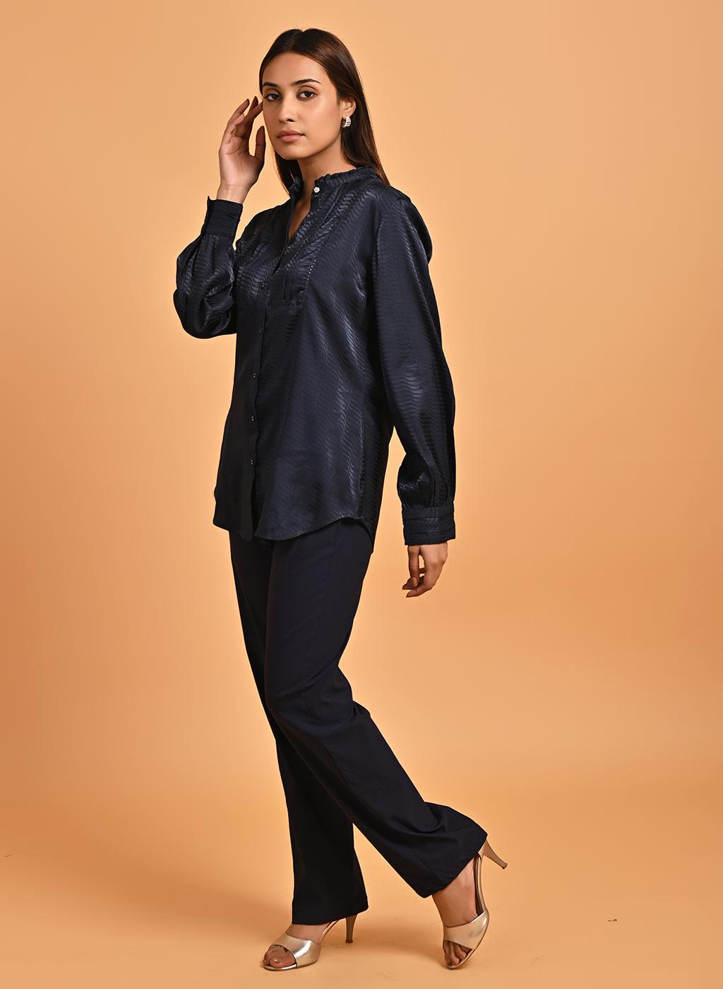 Navy Blue Satin Shirt with Balloon Sleeves and Open Front - Lakshita