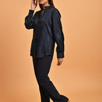 Navy Blue Satin Shirt with Balloon Sleeves and Open Front - Lakshita
