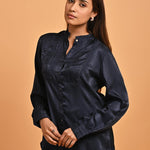 Navy Blue Satin Shirt with Balloon Sleeves and Open Front - Lakshita