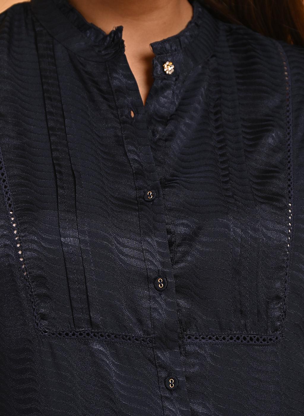 Navy Blue Satin Shirt with Balloon Sleeves and Open Front - Lakshita