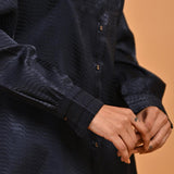 Navy Blue Satin Shirt with Balloon Sleeves and Open Front - Lakshita