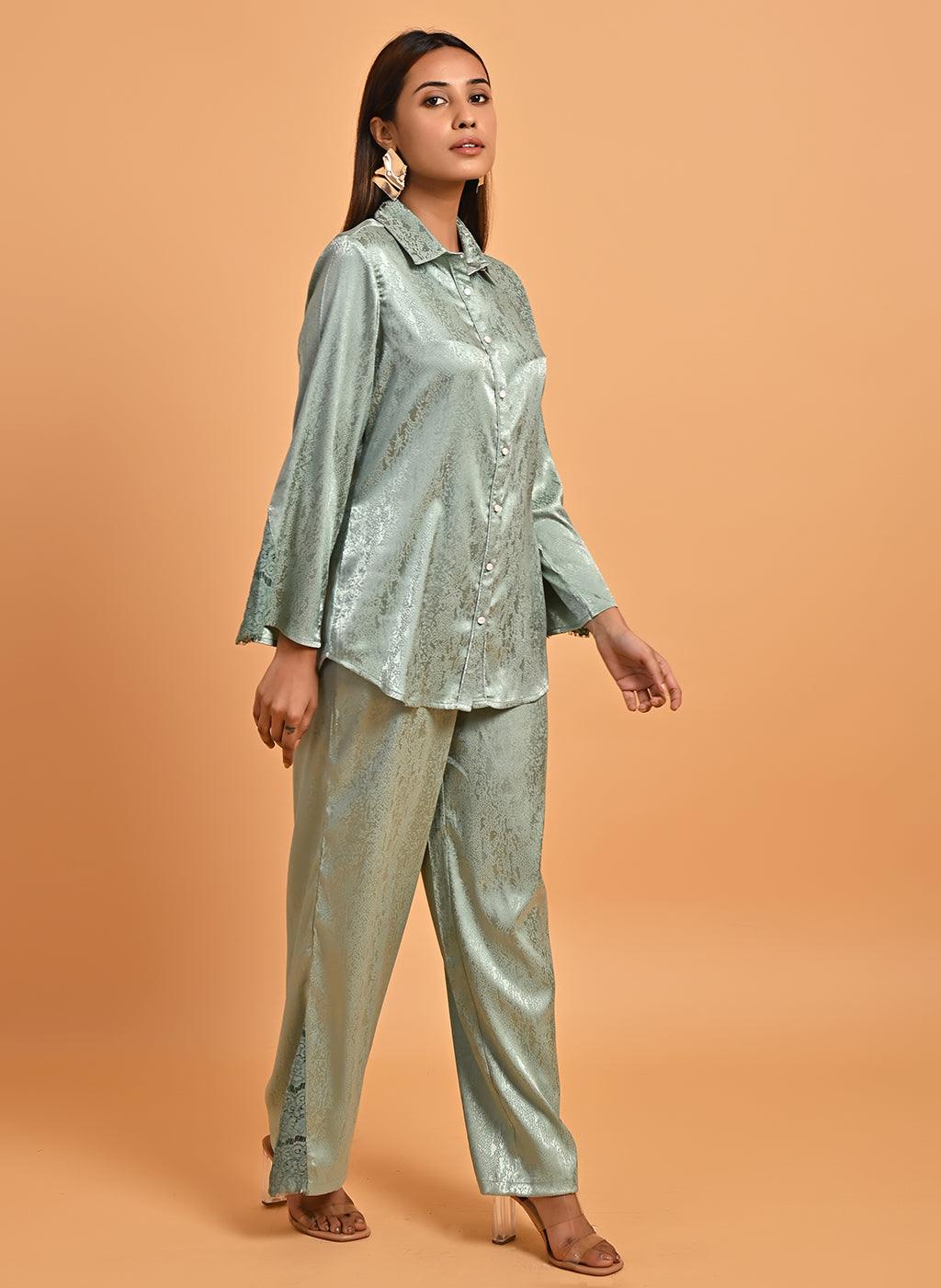 Green Co-ord Set with Net Inserts at Sleeves - Lakshita