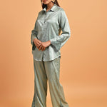 Green Co-ord Set with Net Inserts at Sleeves - Lakshita