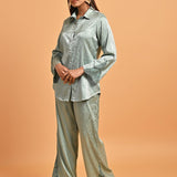 Green Co-ord Set with Net Inserts at Sleeves - Lakshita