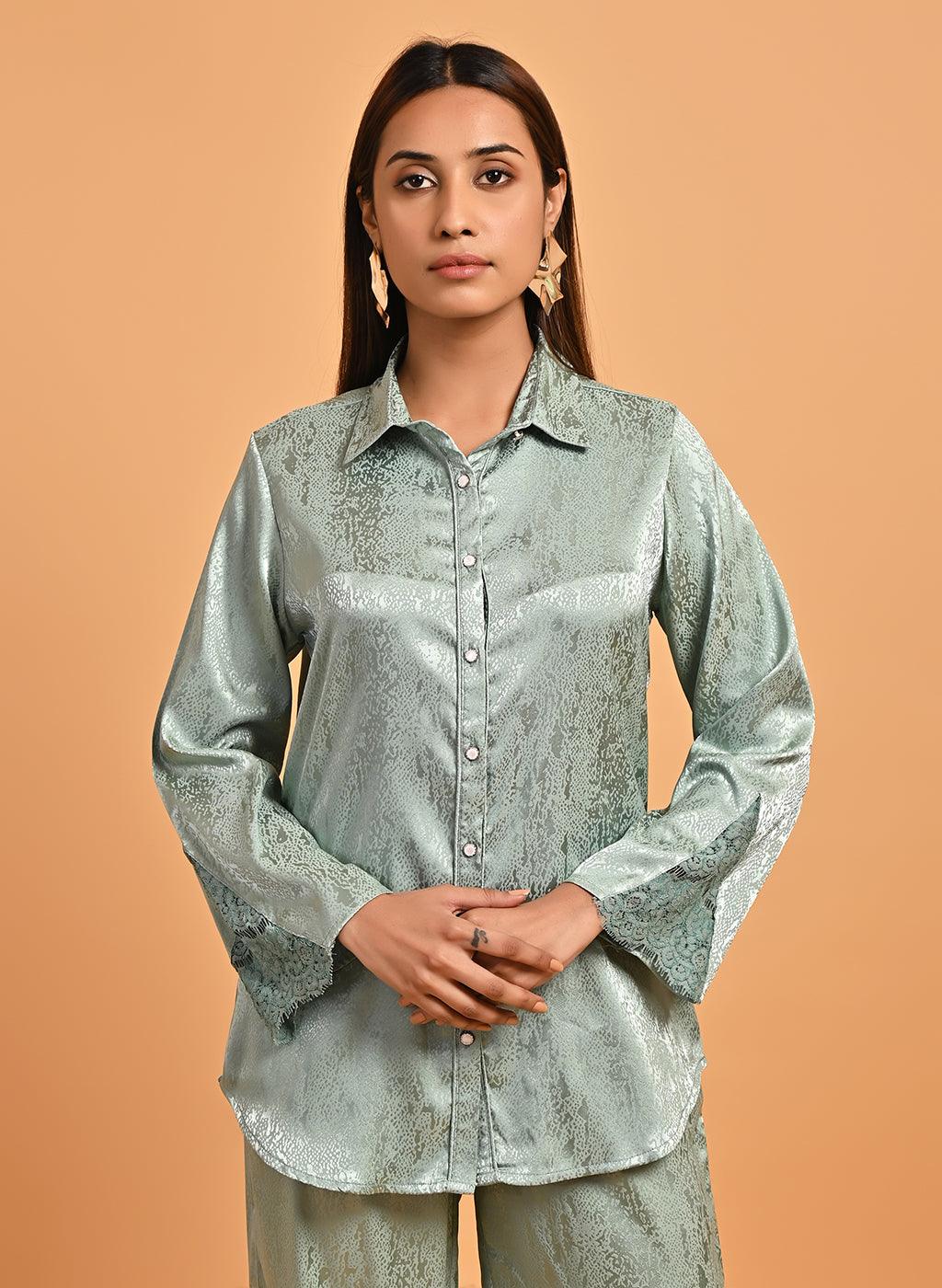 Green Co-ord Set with Net Inserts at Sleeves - Lakshita