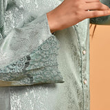 Green Co-ord Set with Net Inserts at Sleeves - Lakshita