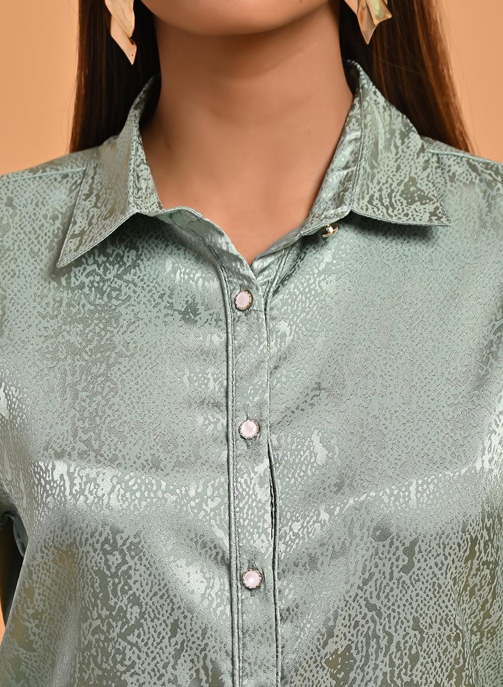 Green Co-ord Set with Net Inserts at Sleeves - Lakshita