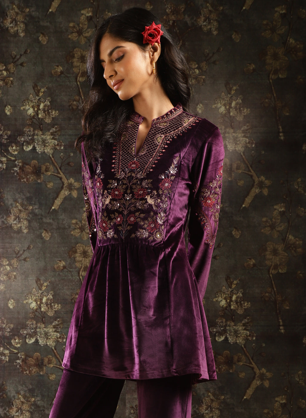 Purple Embroidered Velvet Tunic for Women