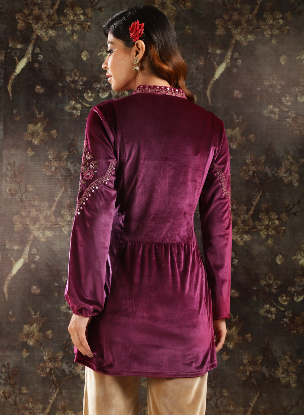 Fuchsia Embroidered Velvet Tunic for Women