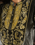 Dark Grey Embroidered Velvet Kurta Set with Button Detailing