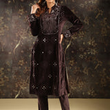 Brown Embellished Party-wear Velvet Kurta Set