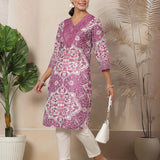 Floral Printed Mukaish Silk Straight Kurti