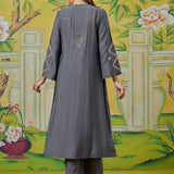Zoya Mouse Gery Embroidered Panelled A-Line Kurta Set