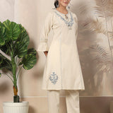 Cotton Blend Floral Embroidered Kurta Trouser Set