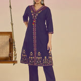 Ibadat Deep Purple Floral Embroidered Rayon V-neck Kurta Set with Pockets