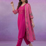 Fuchsia Printed Suit Set with Applique Neckline