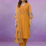Yellow Printed Suit Set with Applique Neckline
