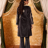 Kavya Mouse Grey Embroidered Velvet Kurta Set