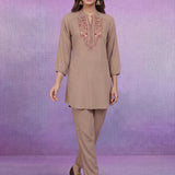 Beige Embroidered Co-ord Set with Raglan Sleeves