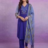 Bright Blue Printed Suit Set with Applique Neckline