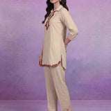 Beige Cotton Slub Applique Dori Work Co-ord Set