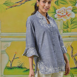 Anaya Stone Blue Embroidered Linen-Textured Shirt