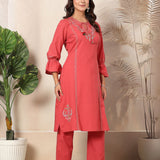 Cotton Blend Floral Embroidered Kurta Trouser Set