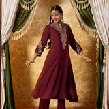 Misha Wine Maroon Embroidered Anarkali Kurta Set
