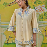 Anaya Tint Yellow Embroidered Linen-Textured Shirt