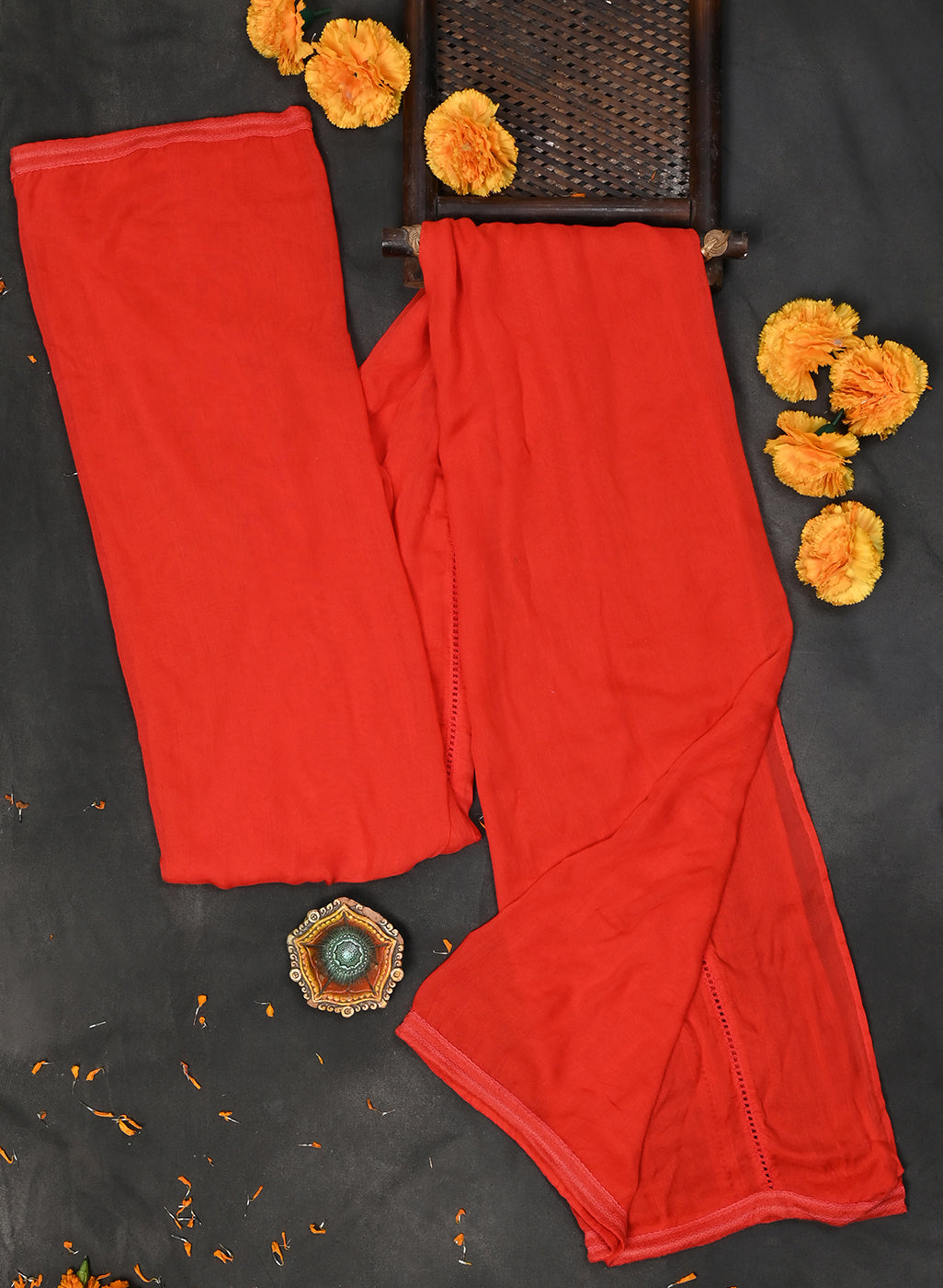 Orange Solid Dupatta with Lace Work