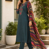 Cotton Blend Embroidered Kurta Trouser Dupatta Set