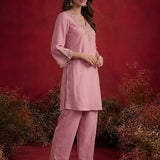 Pink Embroidered Cotton Blend Regular Kurta Set